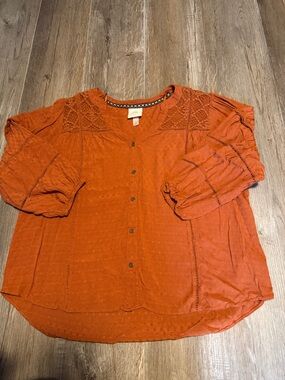 Knox Rose Burnt Orange Eyelet Button-Front Blouse